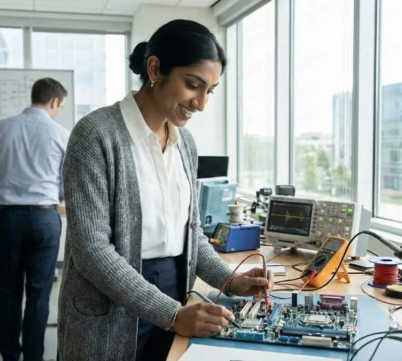 Engineer probing a circuit board with a multimeter at a lab bench next to an oscilloscope and soldering station