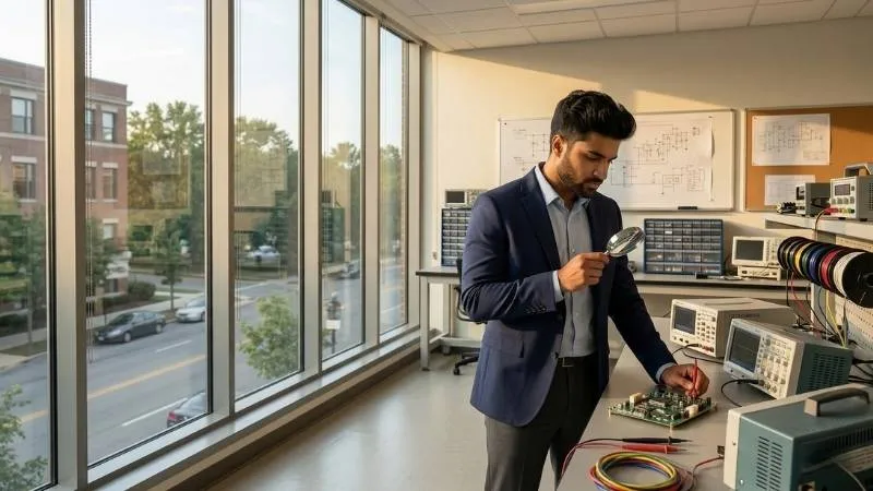Engineer inspecting a circuit board with a magnifying glass at an electronics lab bench